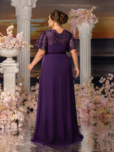 Plus Womens' Evening Gown with Lace Short Sleeves, Sparkling Beaded Accents & Flowing Cascading Skirt – Dramatic Deep V-Neck Formal Dress